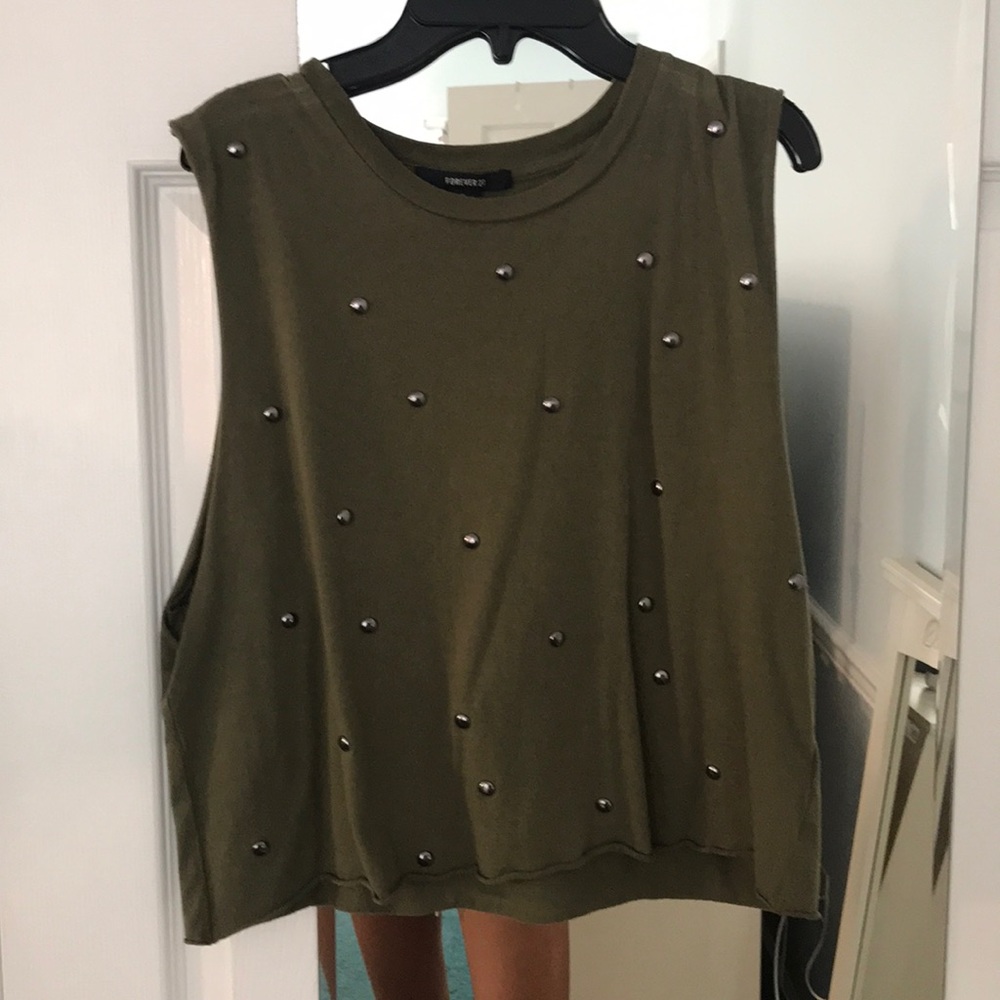 Forever 21 Army Green Beaded Cropped Muscle Tee